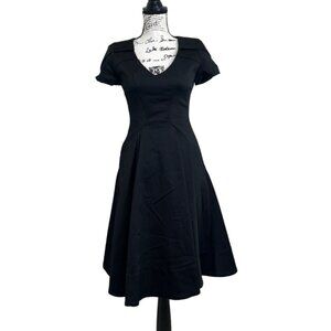 Zac Posen Black Dress Short Sleeve Fit Flare Ribbed V Neck XS/S